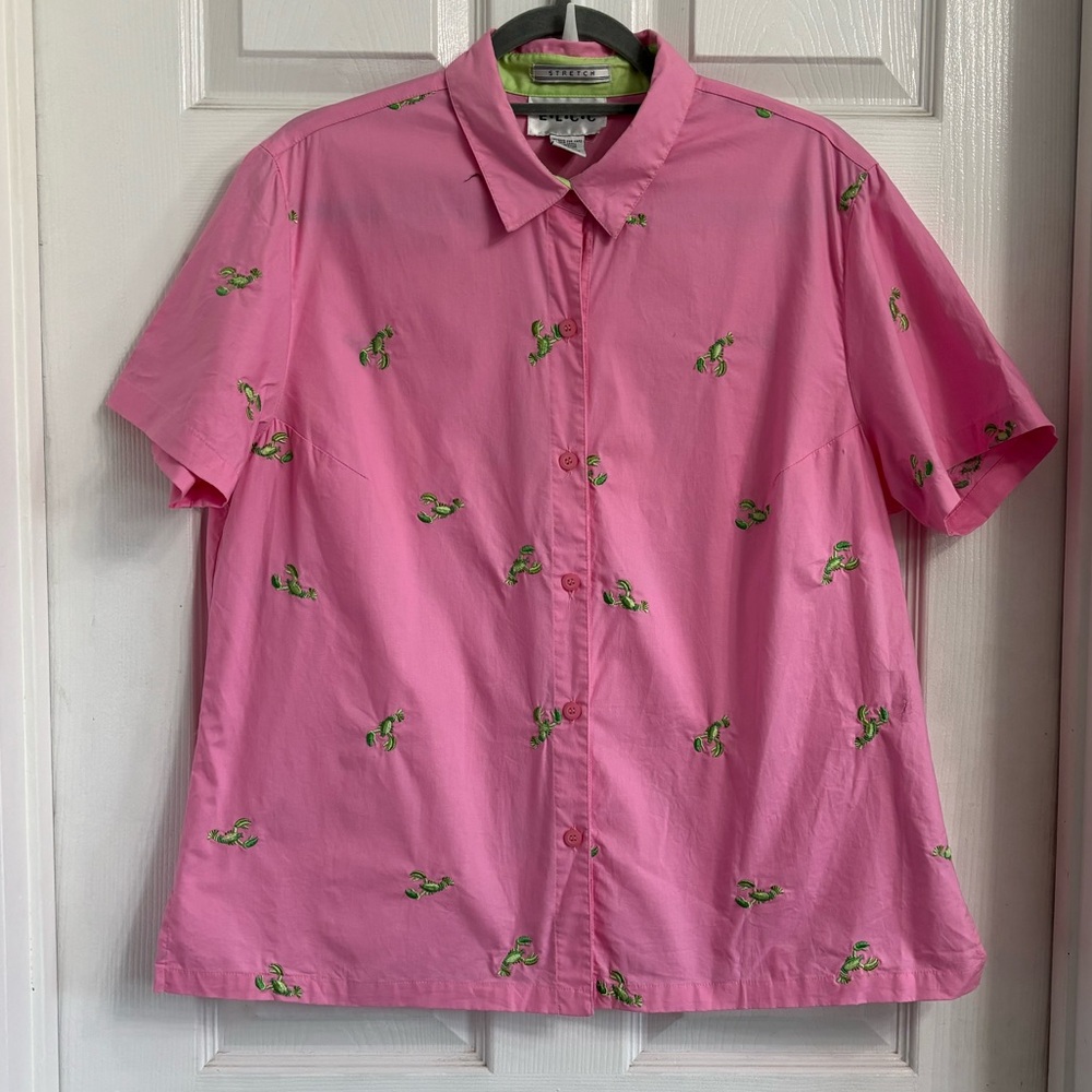 ELCC Pink Short Sleeve Women's Button Up Shirt Large Embroidered Lobsters